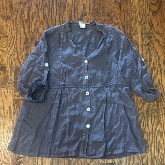 Match point Tops - Blue linen Button-Up Blouse